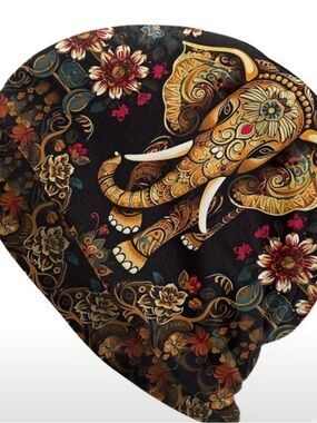 Thai Elephant Floral Print Beanie in Black and Gold